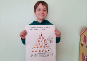 chłopiec trzyma samodzielnie zrobioną piramidę zdrowego stylu życia