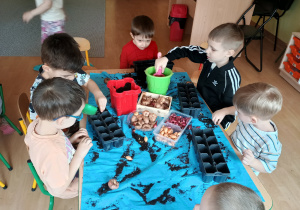 Przedszkolaki wsypują ziemię do pojemników.