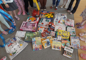 Zabawki, książki oraz gry edukacyjne ułozone na dywanie.